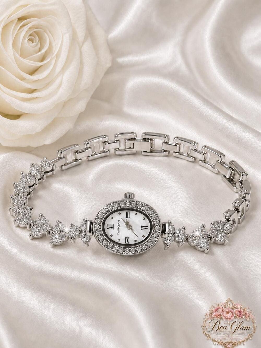 Rhinestone Oval Watch Bracelet, Silver Plated Mother of Pearl Vintage Collection
